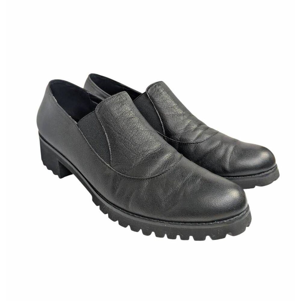 Vaneli Black leather slip on loafer heel booties women 10 S Narrow